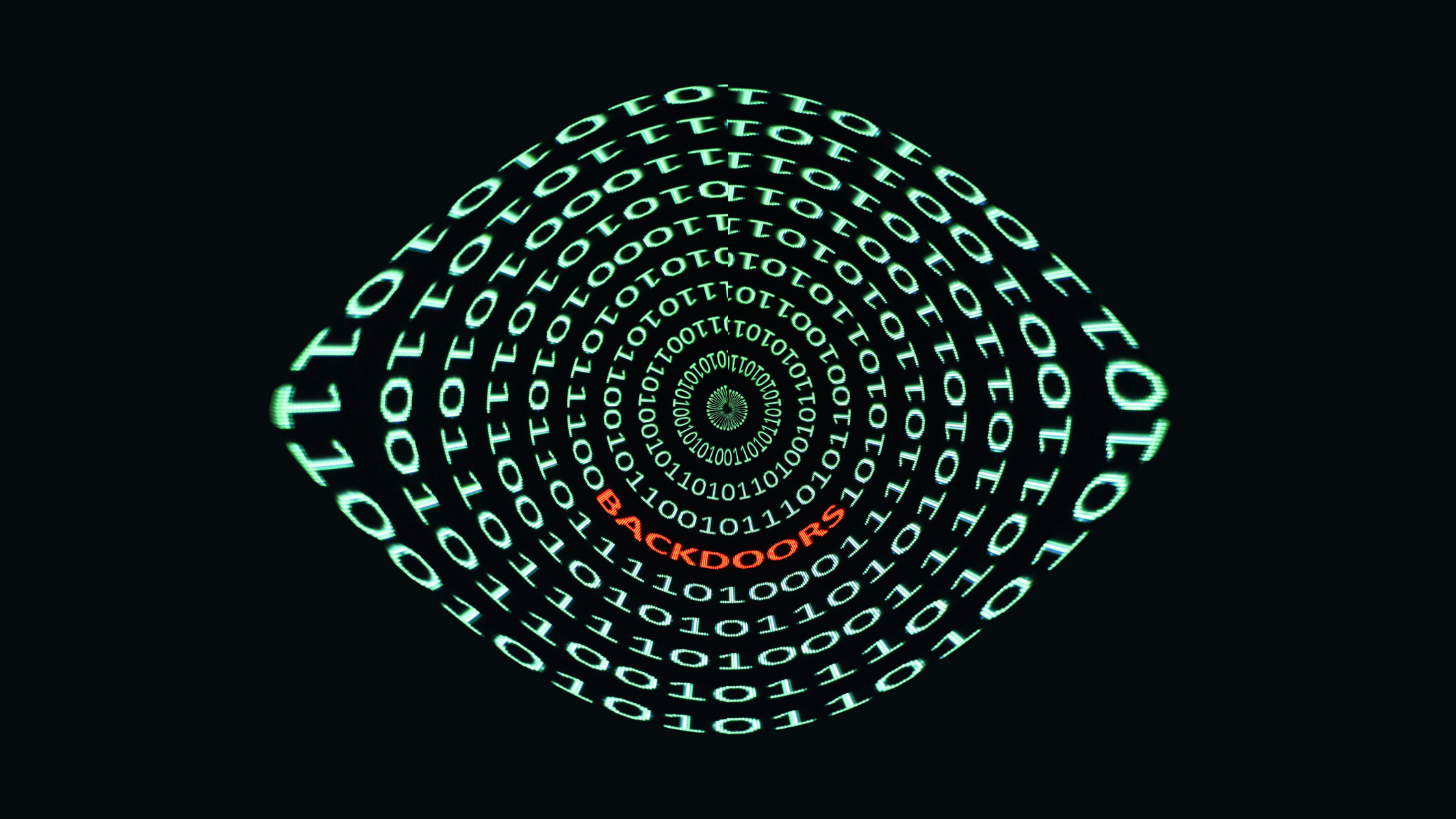 Binary code in the shape of an eye with 'backdoors' in the center.