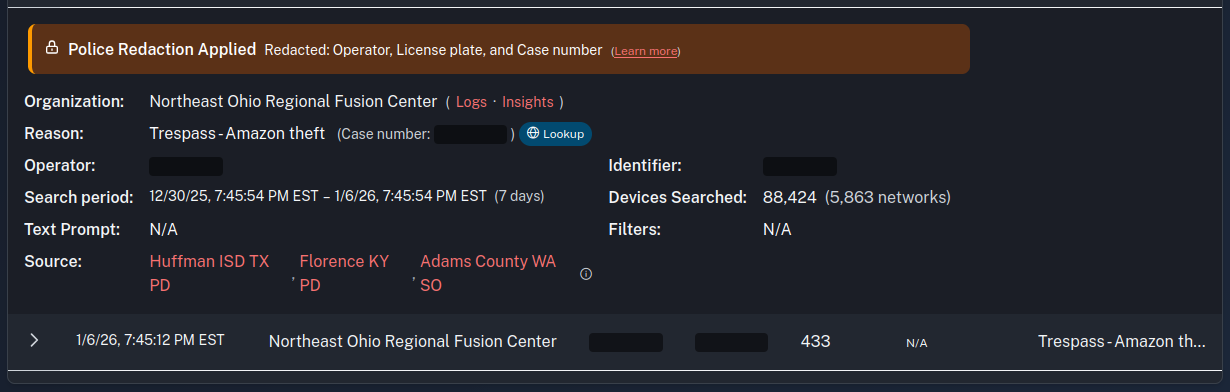 A screenshot of Flock audit logs showing an outgoing search from the NE Ohio Regional Fusion Center for an Amazon package theft.