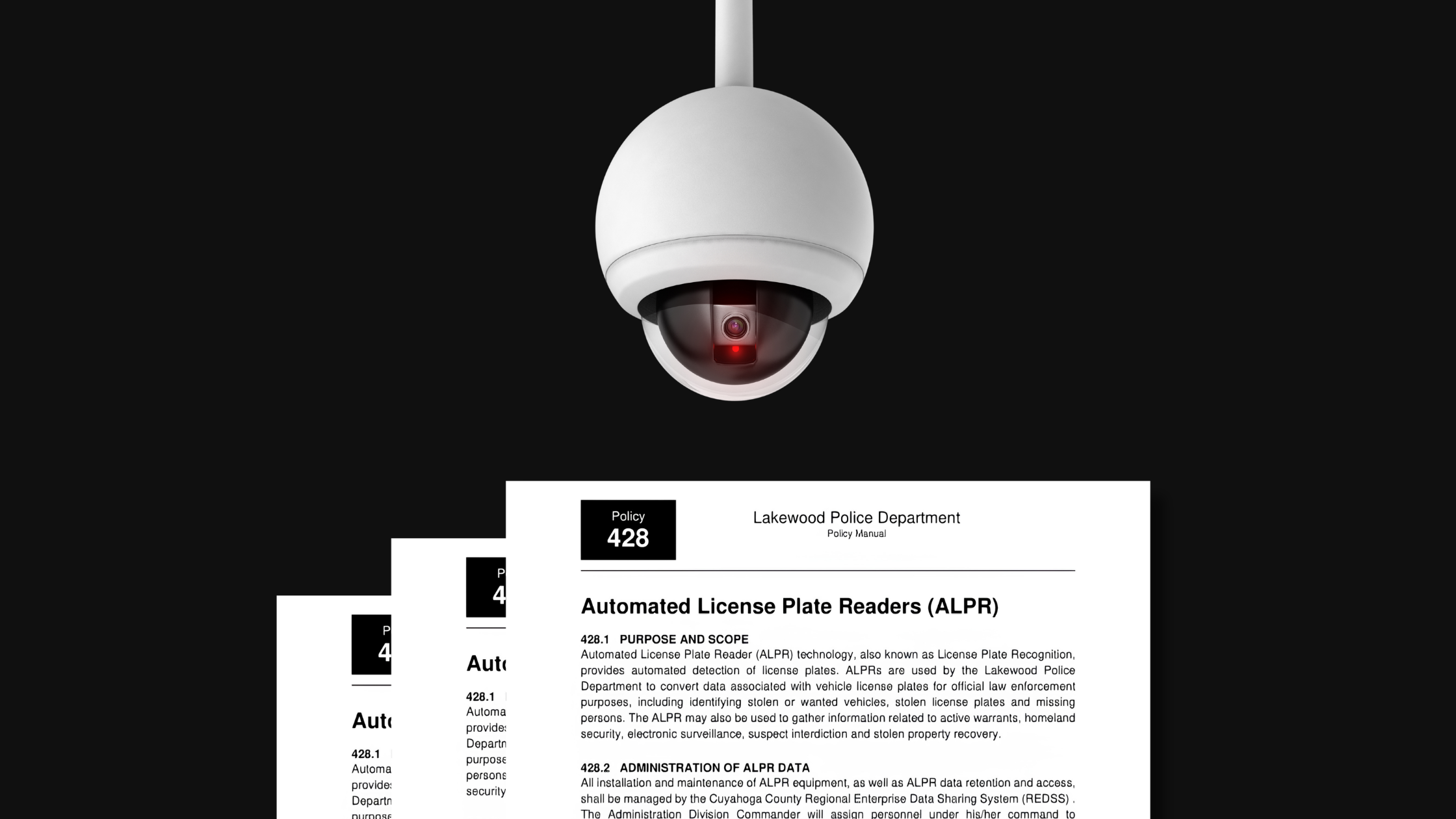 Image of a surveillance camera above scans of policy documents.