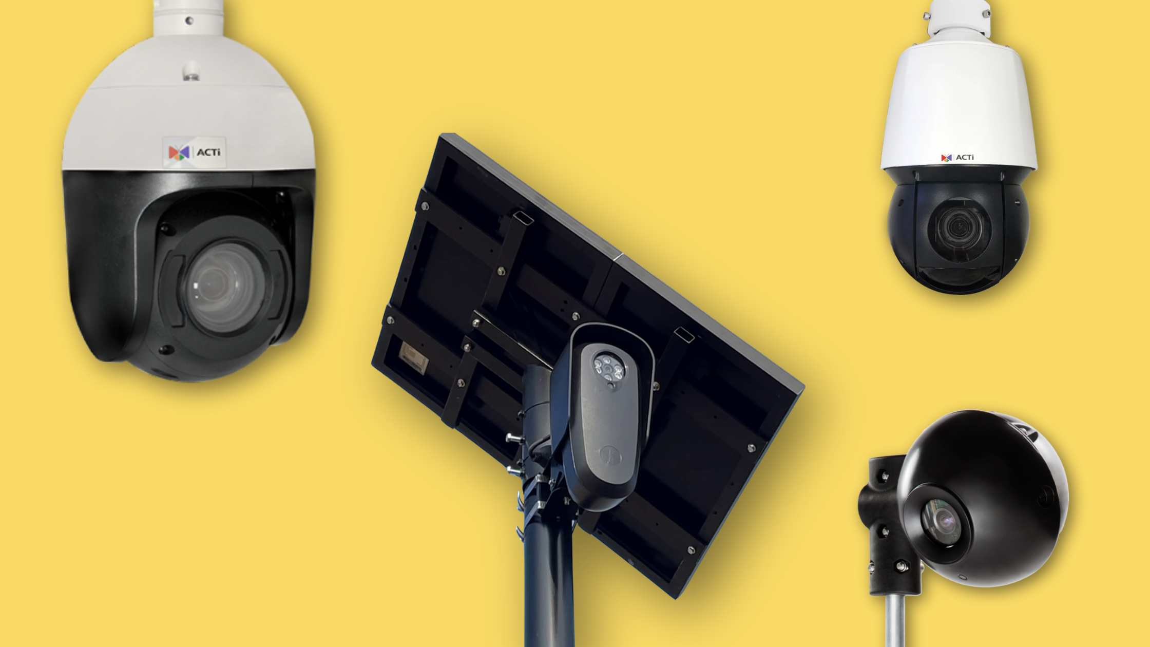 A variety of different surveillance cameras on a yellow background.